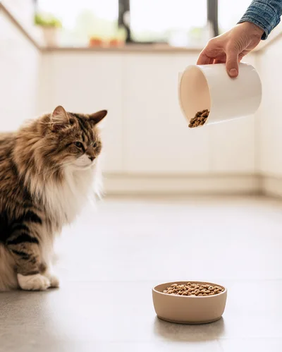 Fluffy Cat Watching Owner Pour Dry Food