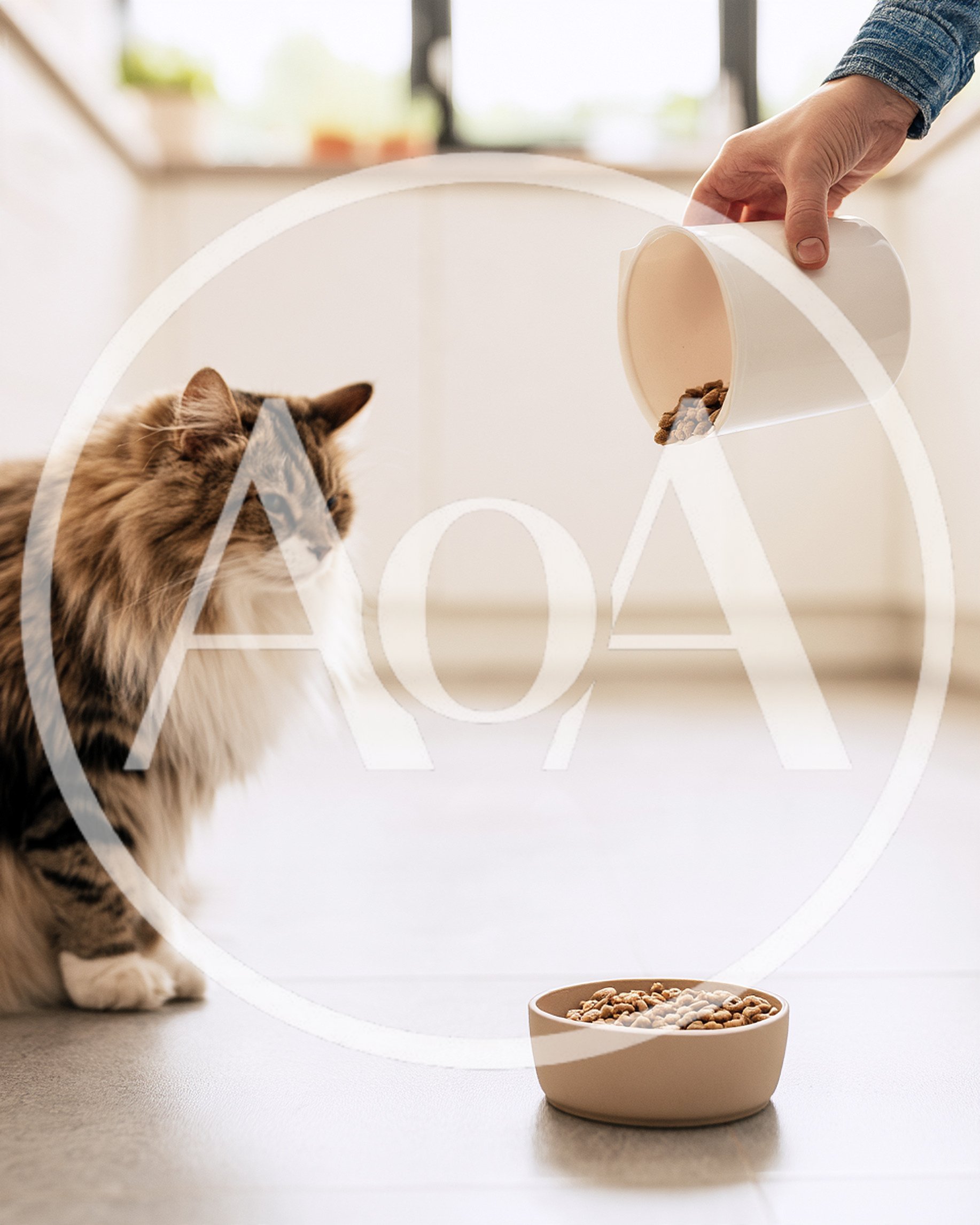 Fluffy Cat Watching Owner Pour Dry Food