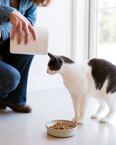 Person Pouring Dry Cat Food Into A Bowl