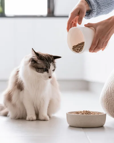 Person Pouring Dry Cat Food Into A Bowl