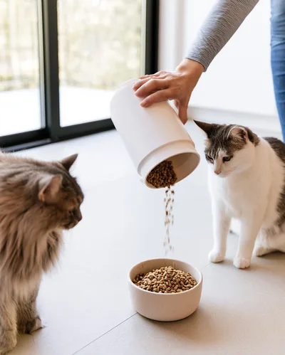 Person Pouring Dry Cat Food Into A Bowl