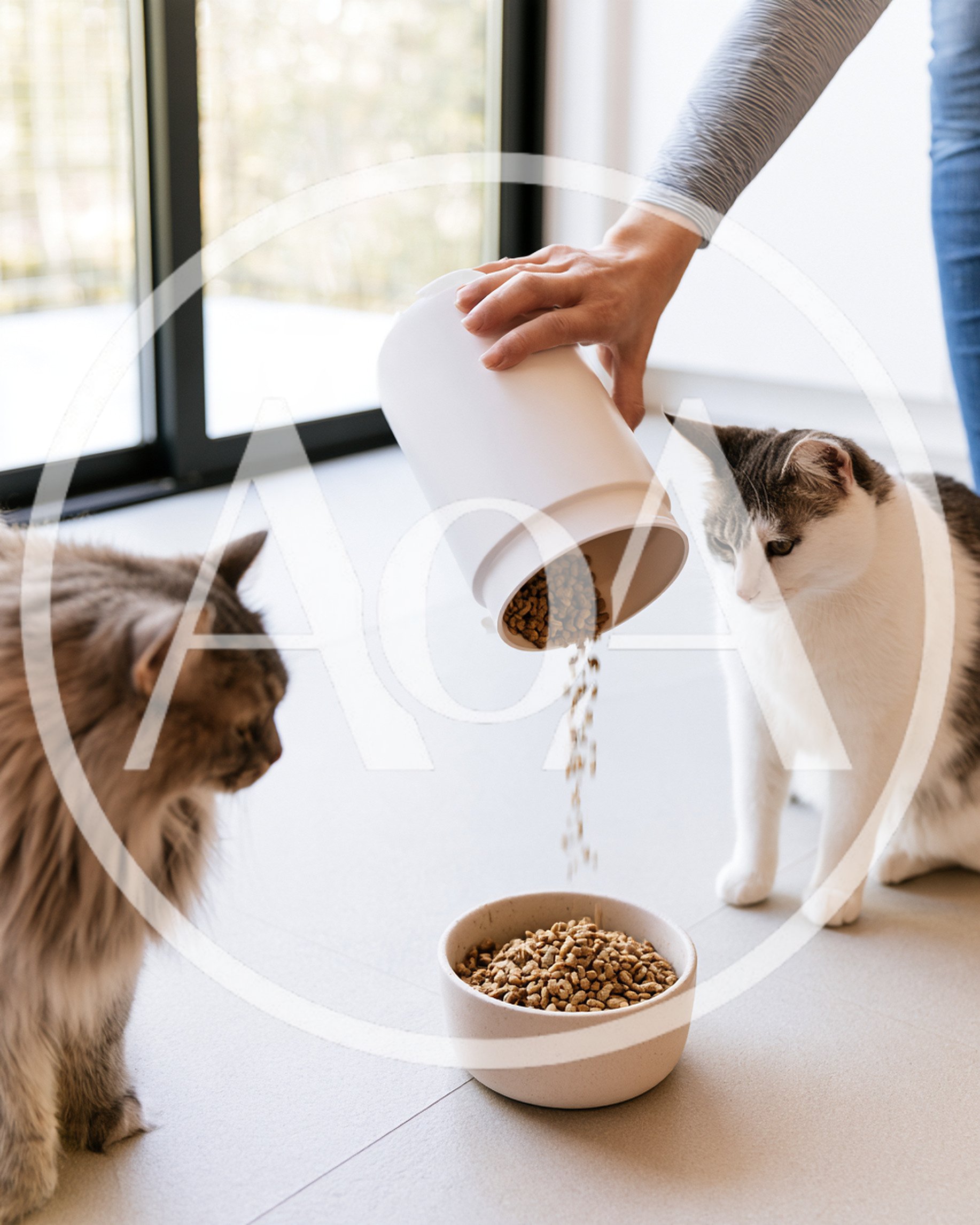 Person Pouring Dry Cat Food Into A Bowl