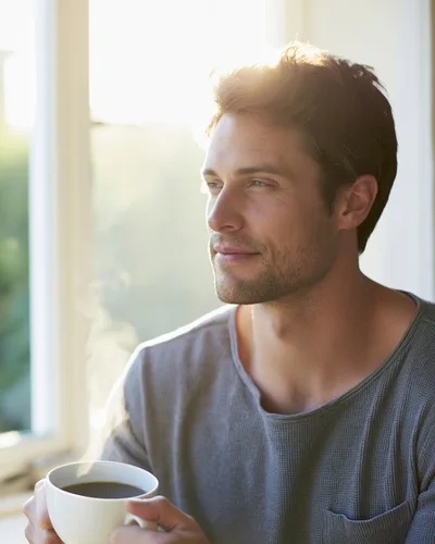 Man Holding A Steaming Cup Of Coffee By A Window