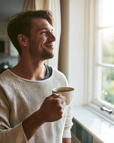 Young Man Enjoying Morning Coffee By The Window