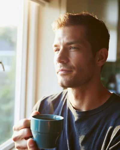 Man Drinking Coffee While Looking Out A Window