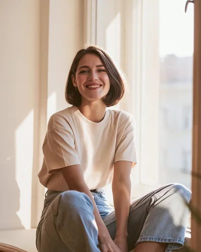 Young Woman Smiling While Sitting By A Window