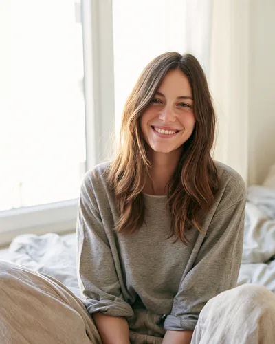 Young Woman Smiling While Sitting On Her Bed