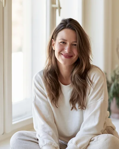 Smiling Woman Sitting By A Bright Window