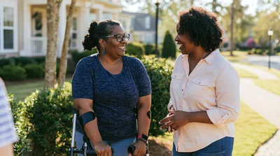 Two Women Talking Outdoors In A Residential Neighborhood