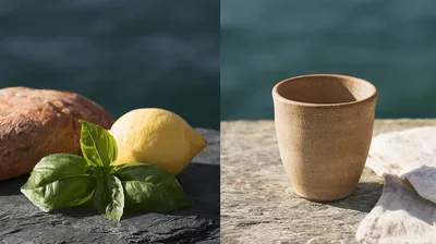 Still Life Composition With Bread Lemon Basil And Cup