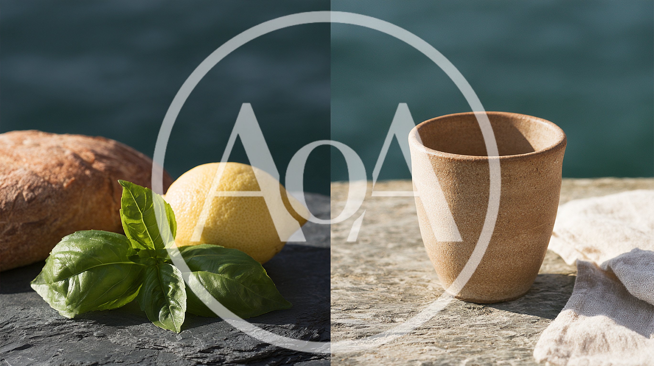 Still Life Composition With Bread Lemon Basil And Cup