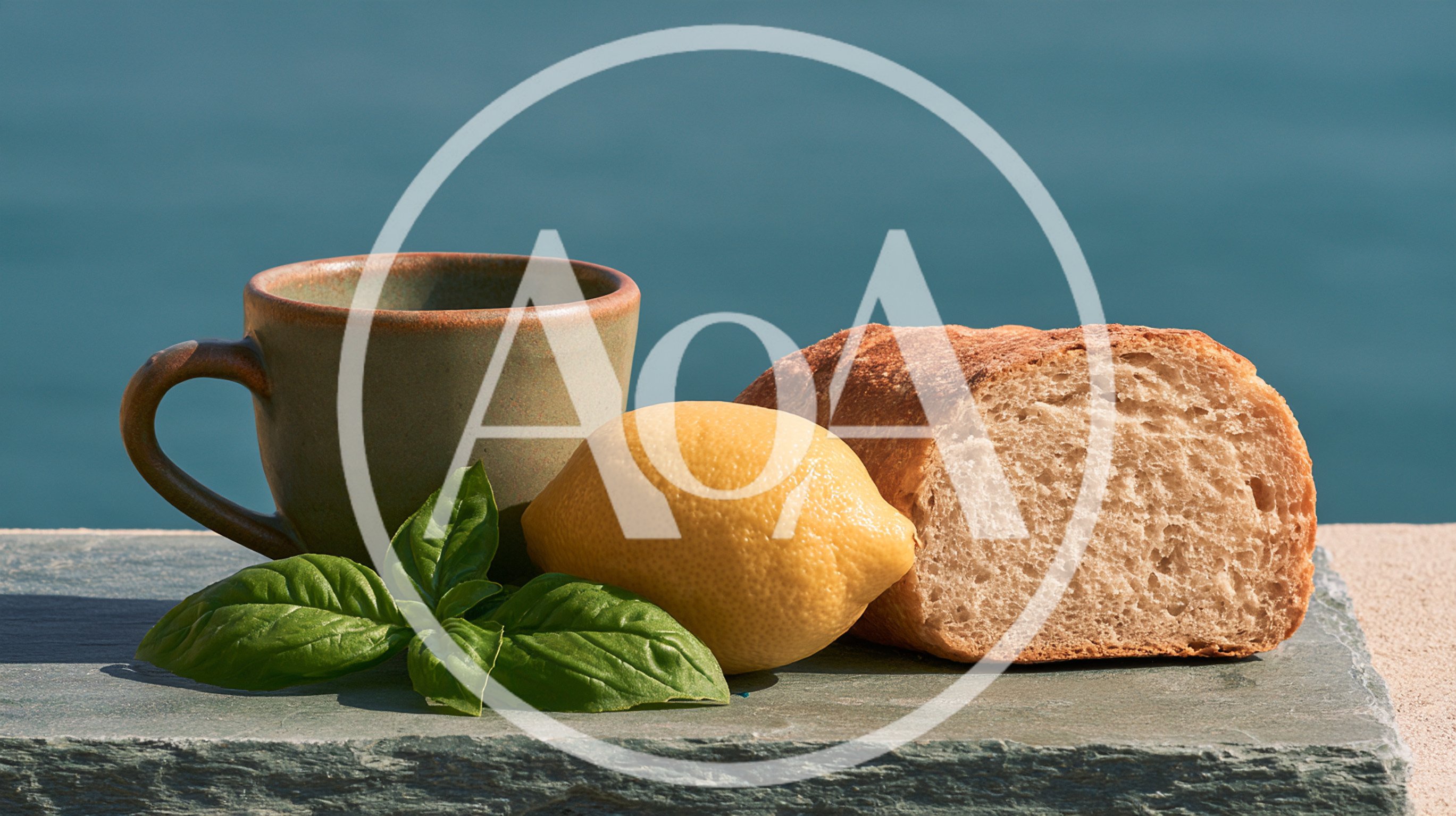 Still Life With Bread Lemon Basil And Coffee Cup