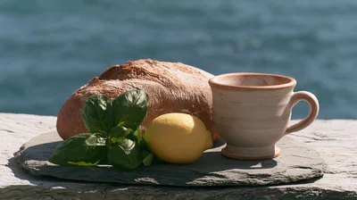 Rustic Bread Lemon and Basil on Slate