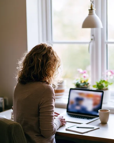 Woman Working On Laptop At Home Office Desk