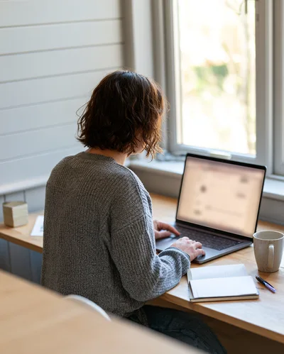 Woman Working On Laptop At Home Office Desk
