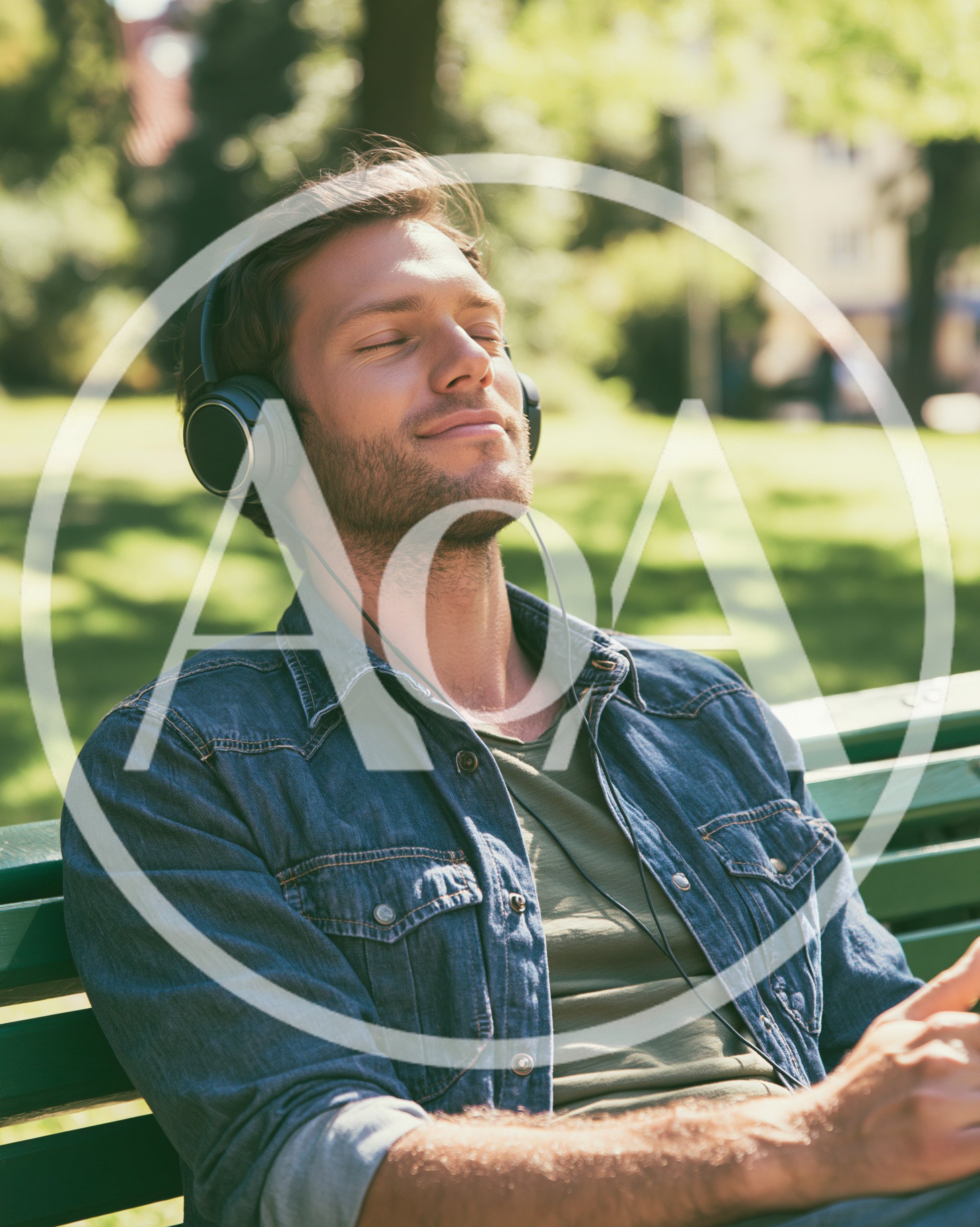 Young Man Relaxing On Park Bench Listening To Music
