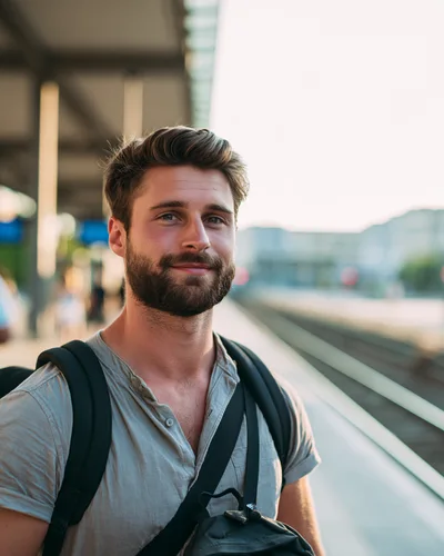 Young Man With Backpack Standing On Train Platform