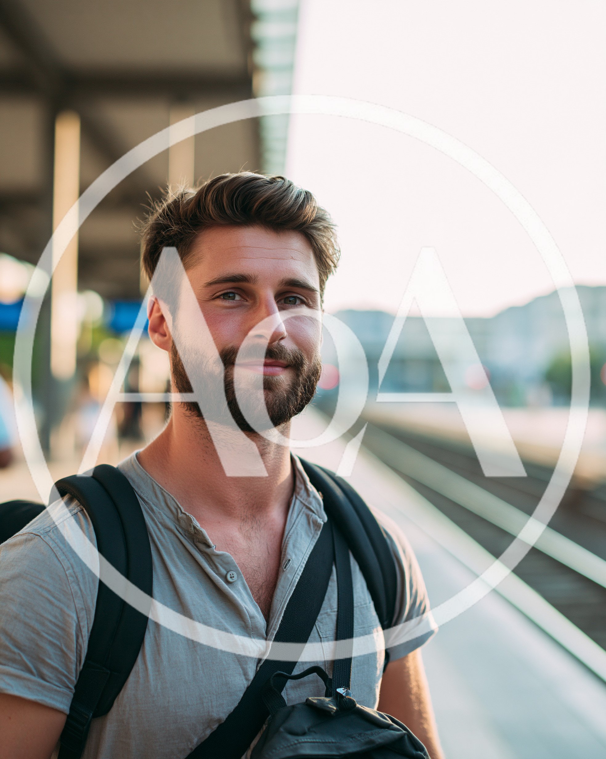 Young Man With Backpack Standing On Train Platform