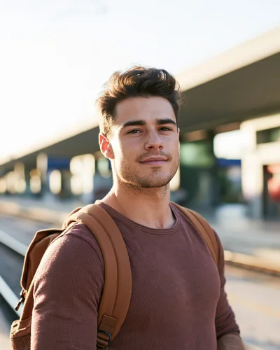 Young Man With Backpack Standing At Train Station
