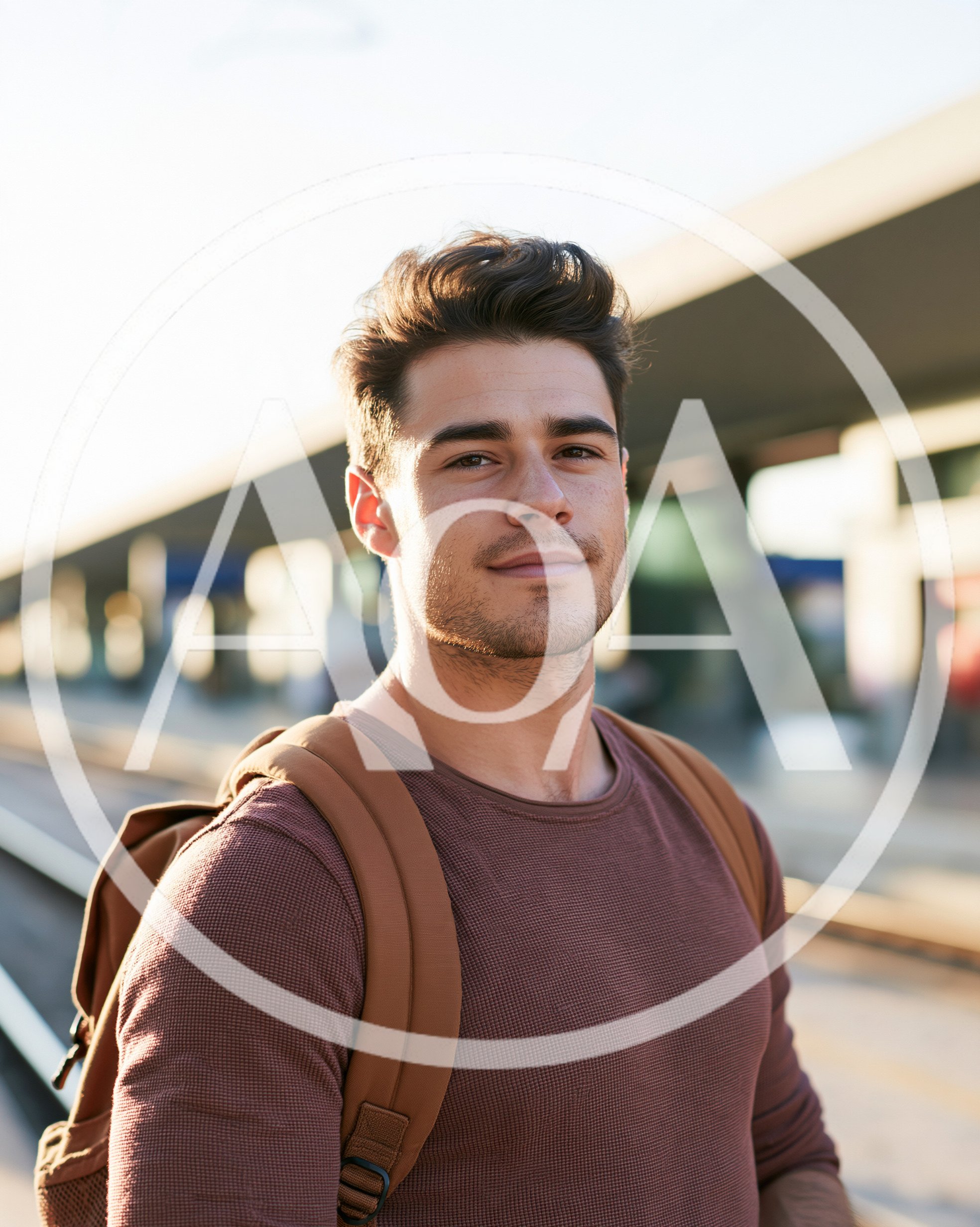 Young Man With Backpack Standing At Train Station