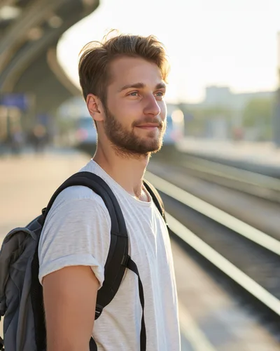Young Man Waiting For A Train At A Station