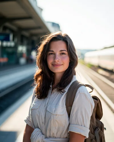 Young Woman Standing On A Sunny Train Platform