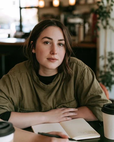 Young Woman Writing In A Notebook At A Cafe