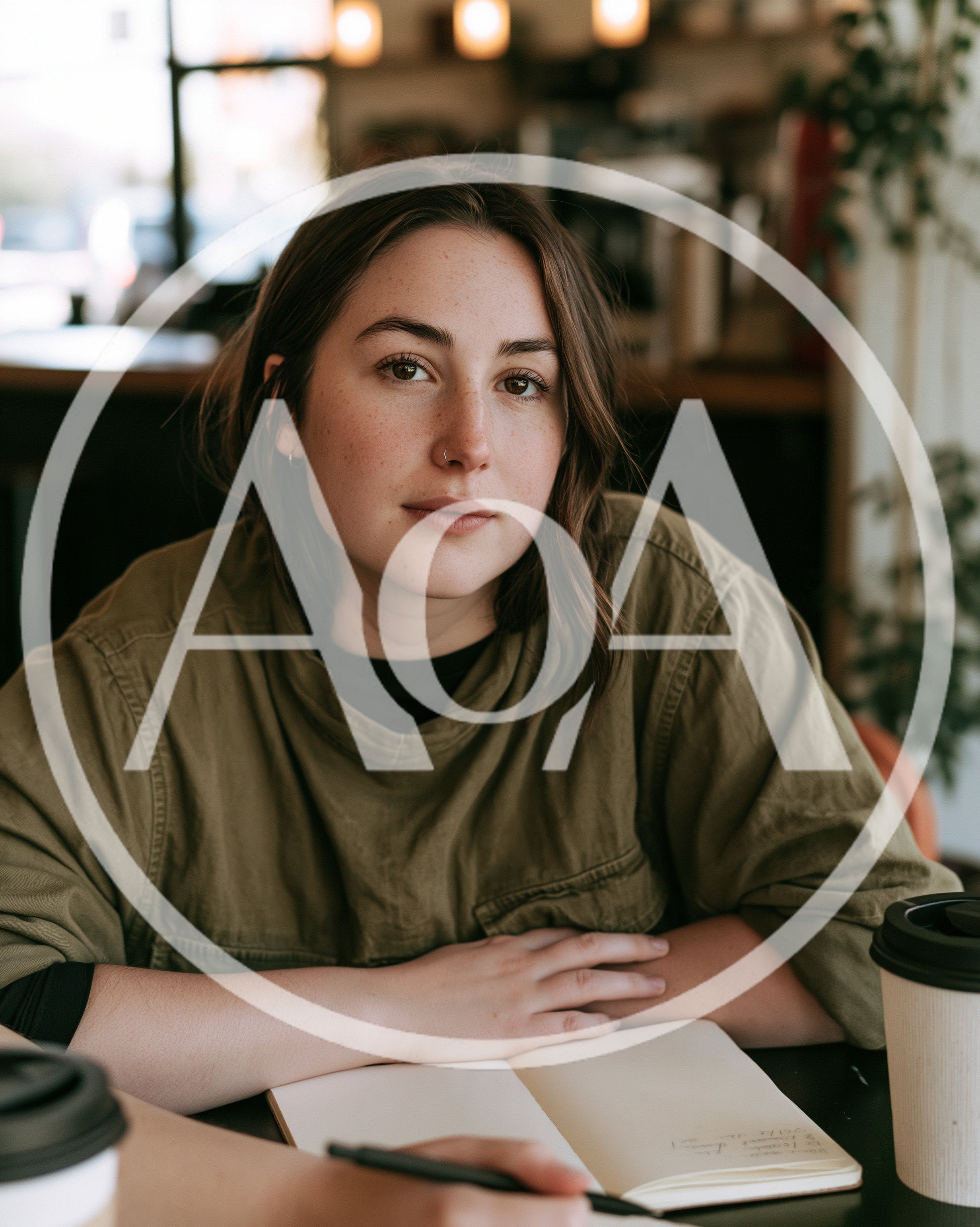 Young Woman Writing In A Notebook At A Cafe