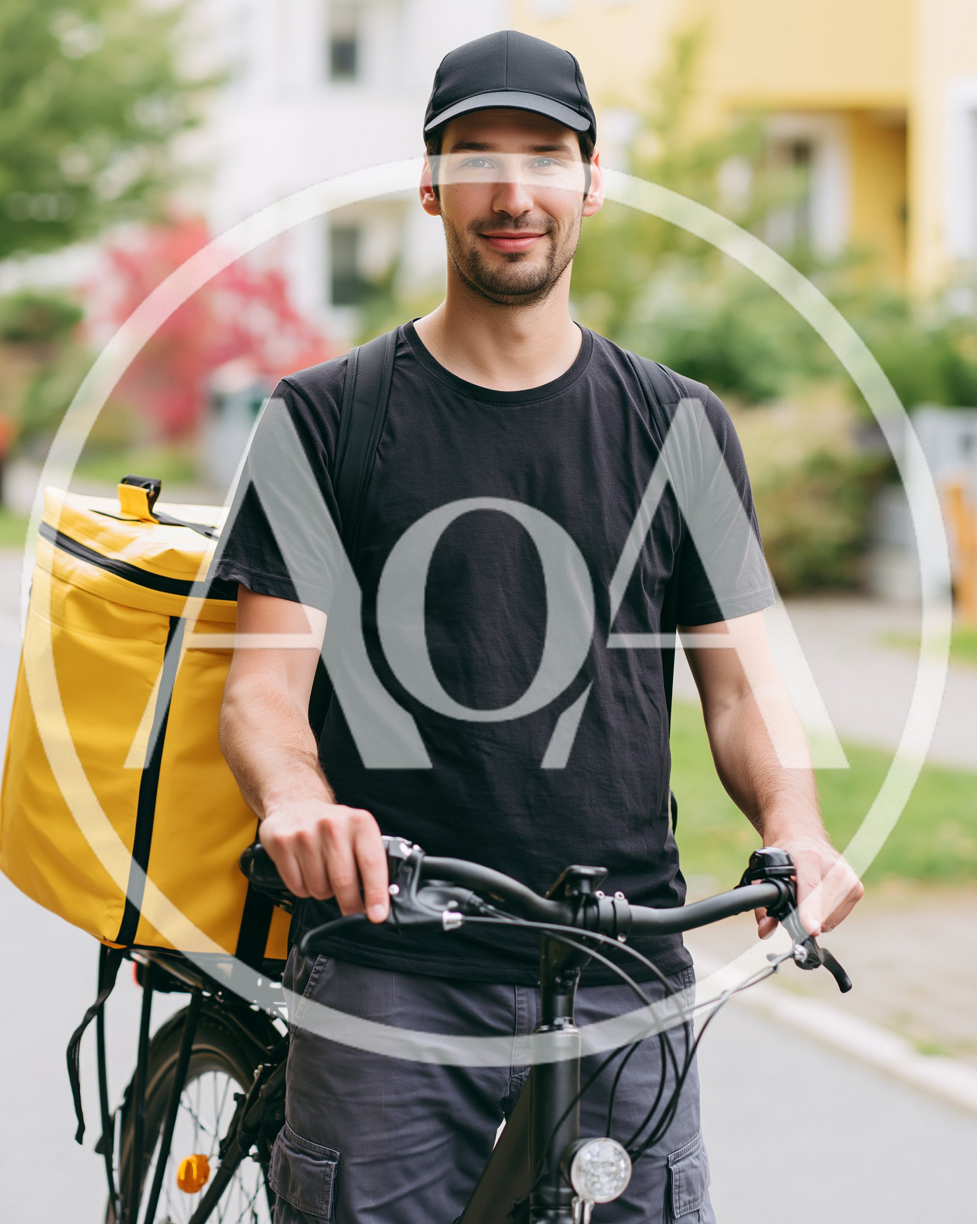 Delivery Courier With Yellow Backpack On Bicycle