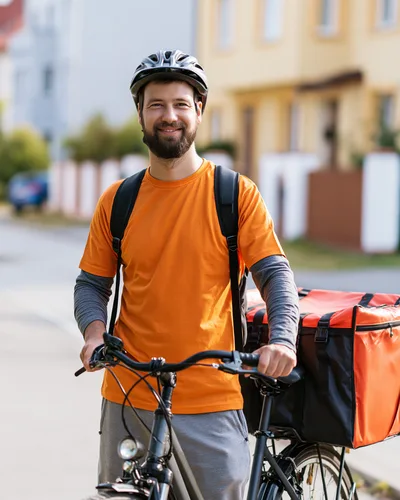 Delivery Courier With Bicycle And Thermal Backpack