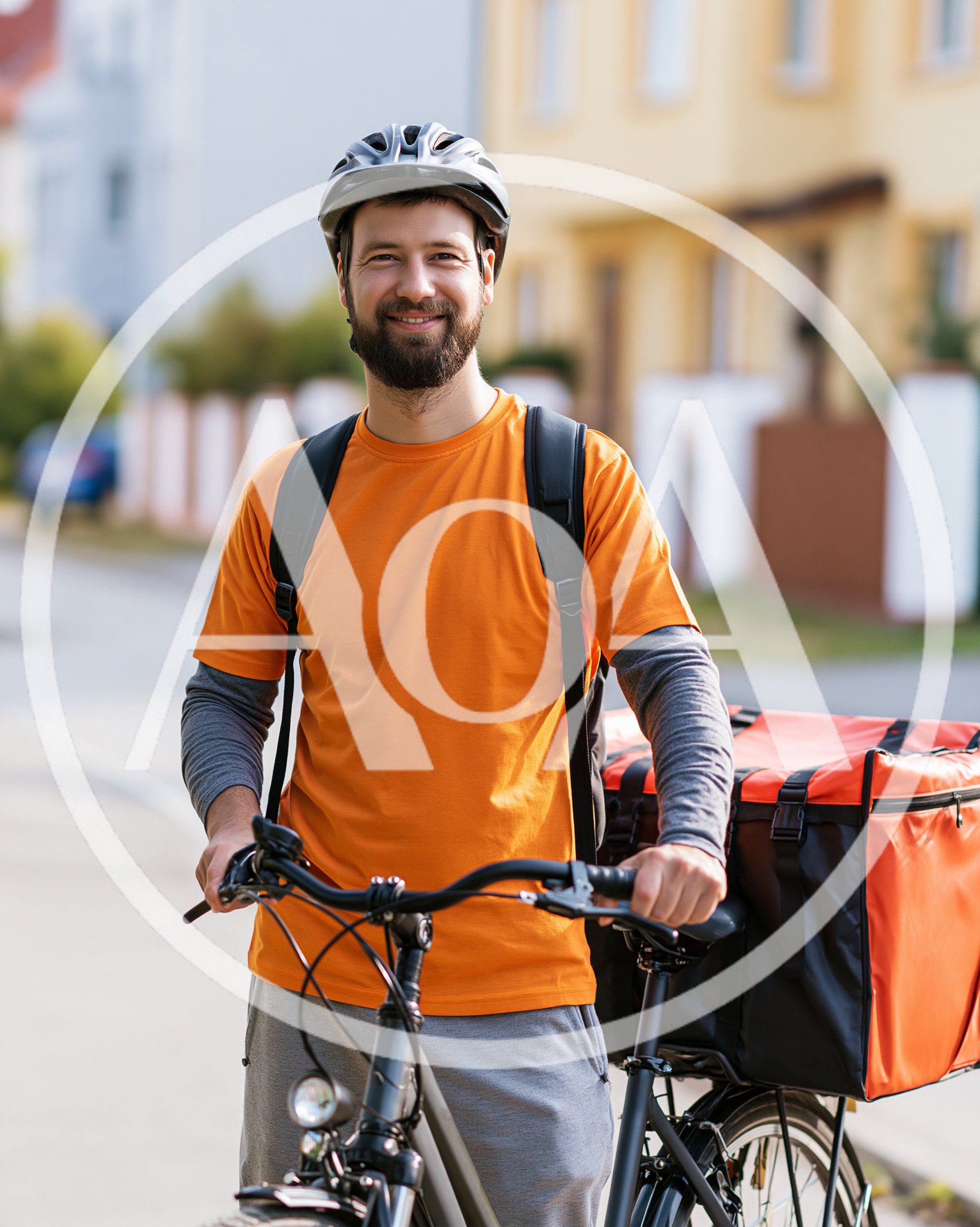 Delivery Courier With Bicycle And Thermal Backpack