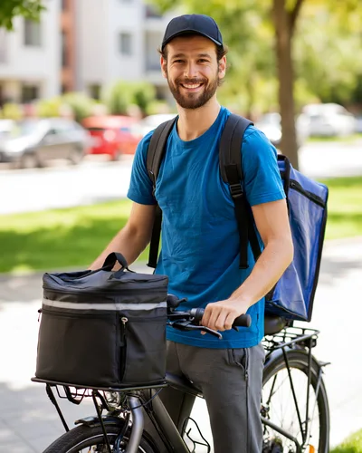 Delivery Courier With Bicycle And Thermal Bags