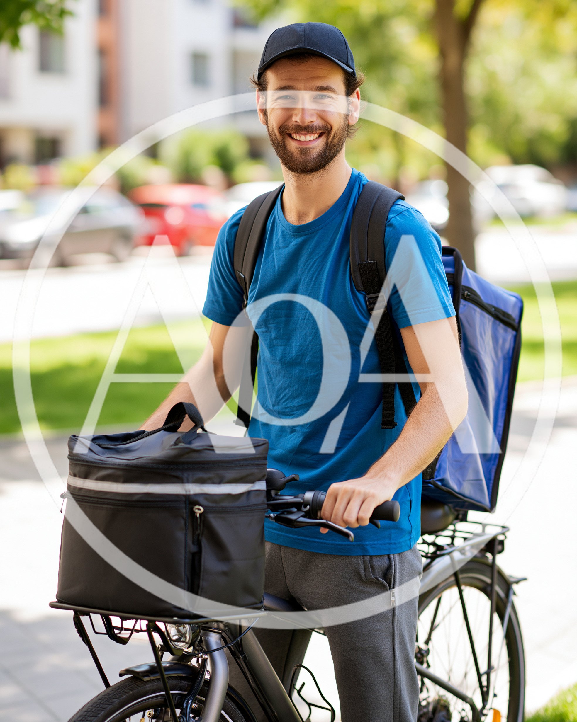 Delivery Courier With Bicycle And Thermal Bags