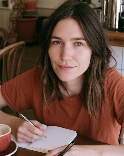 Young Woman Writing In A Notebook At A Cafe