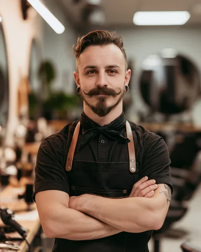Professional Barber Standing With Arms Crossed In Barbershop