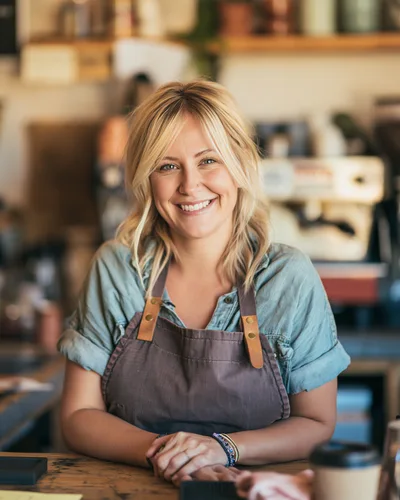 Smiling Female Barista Standing Behind A Coffee Shop Counter
