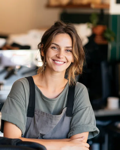 Smiling Female Barista Standing In A Coffee Shop