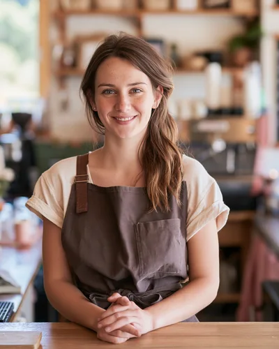 Friendly Female Barista Smiling Behind Coffee Shop Counter