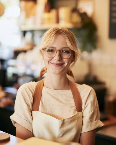 Smiling Female Barista Wearing Apron In Coffee Shop