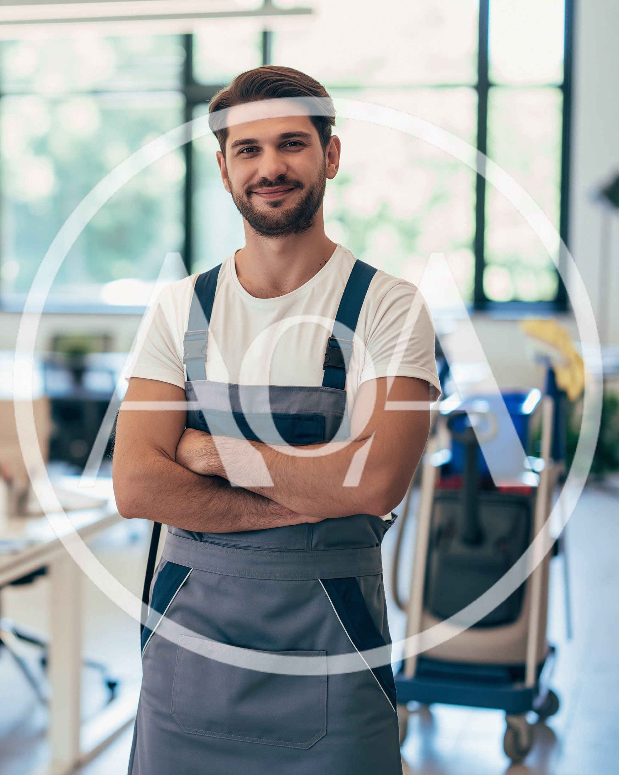 Professional Male Janitor Standing In Modern Office