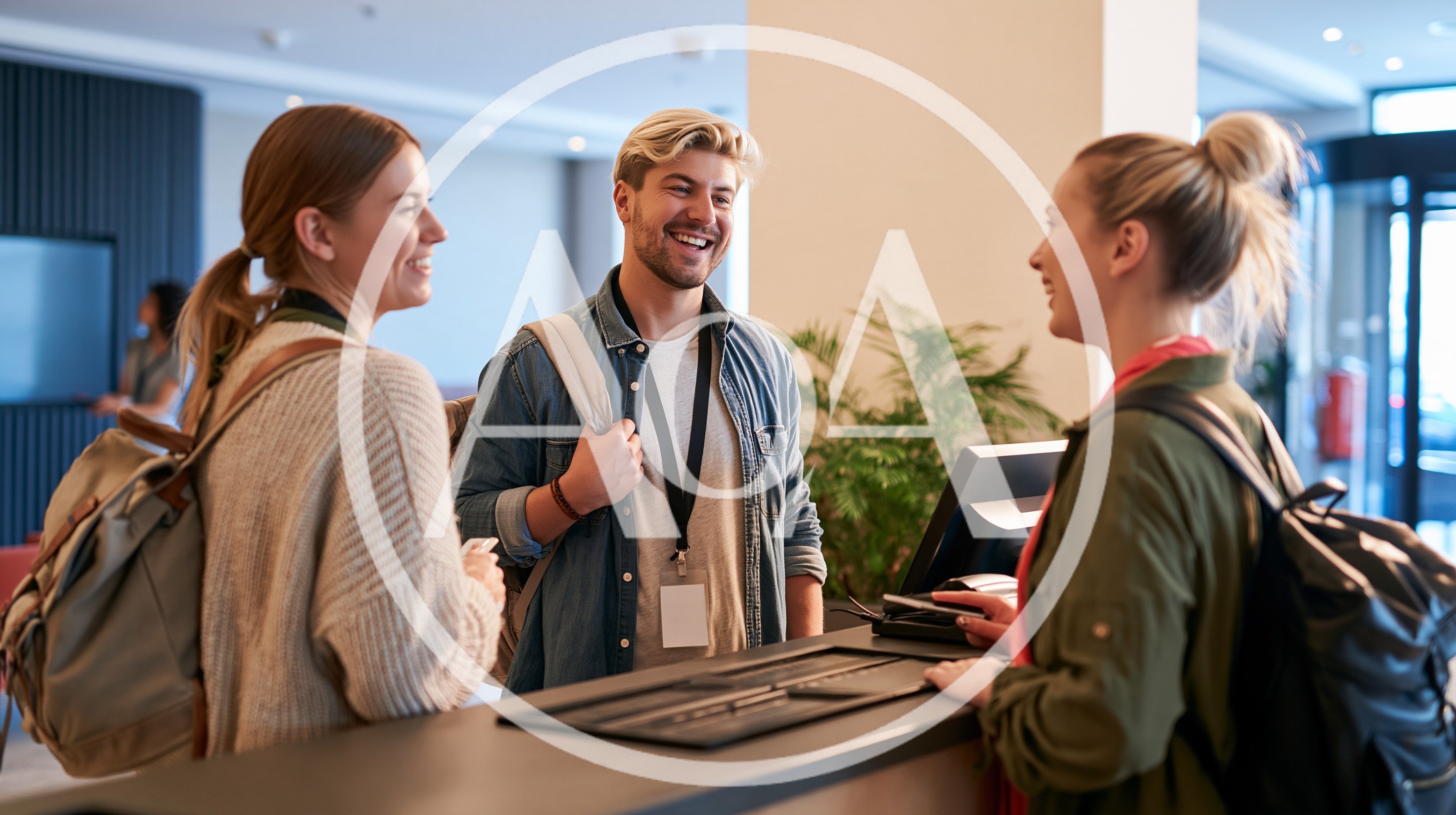 Young Travelers Checking In At Hotel Reception Desk