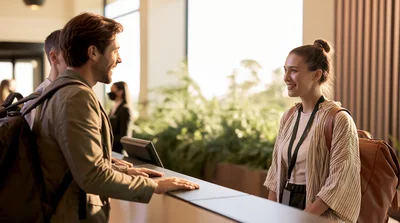 Hotel Receptionist Greeting Guest At Front Desk