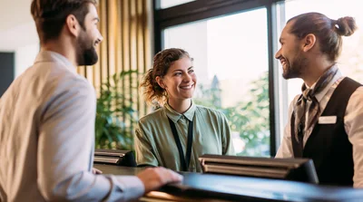Hotel Receptionists Greeting A Guest At The Front Desk