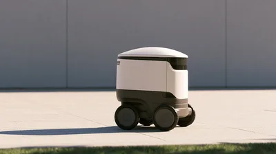 Autonomous Delivery Robot Moving On Concrete Sidewalk