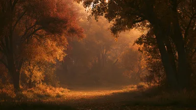 Golden Autumn Forest Path At Sunset