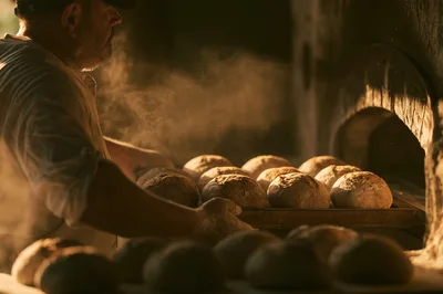 Artisan Baker Placing Fresh Bread Loaves Into Oven