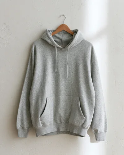 Grey Cotton Hoodie Hanging On Wooden Hanger