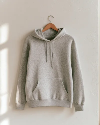 Grey Hoodie Hanging On A Wooden Hanger