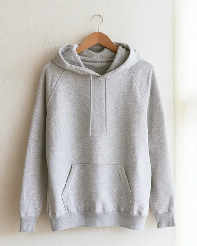 Grey Pullover Hoodie Hanging On Wooden Hanger