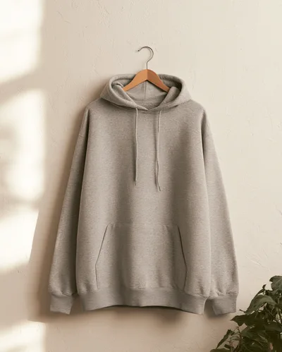 Grey Cotton Hoodie Hanging on Wooden Hanger